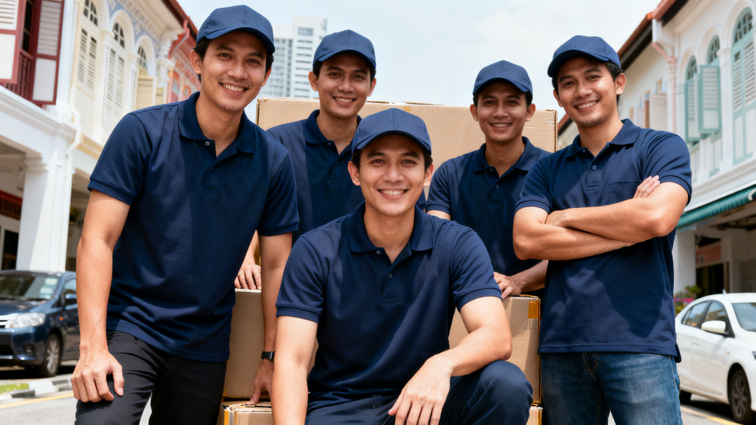 Singapore movers team standing together with boxes