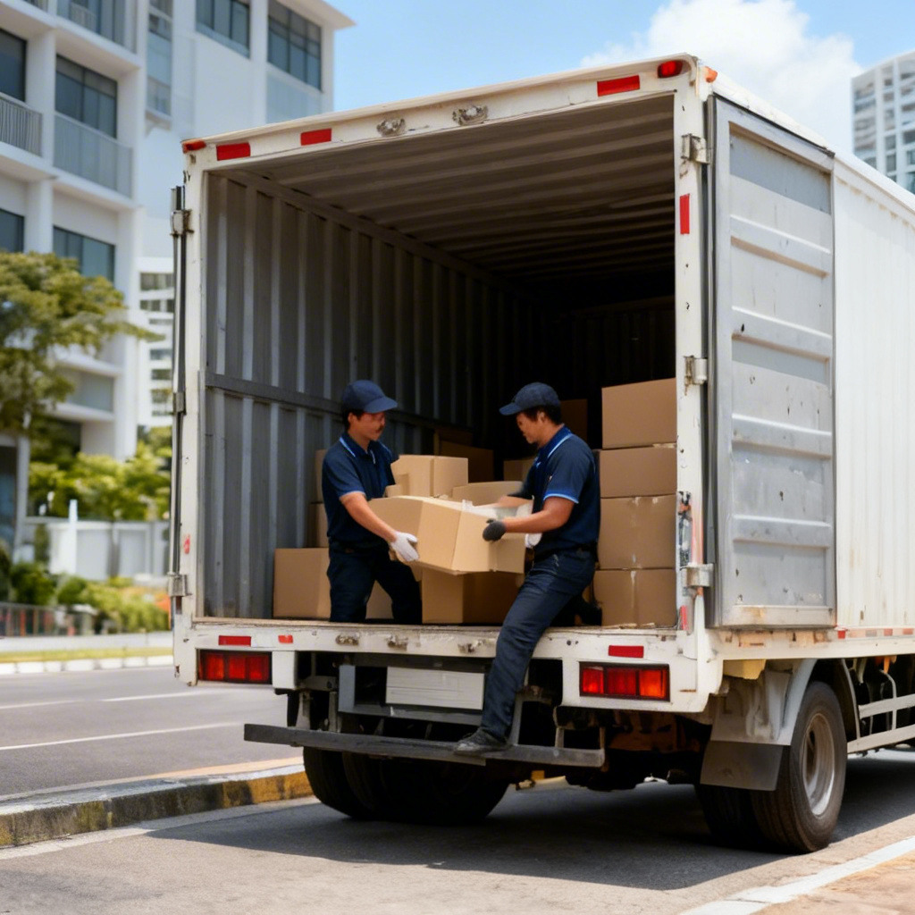 Home relocation team unloading boxes from a moving truck