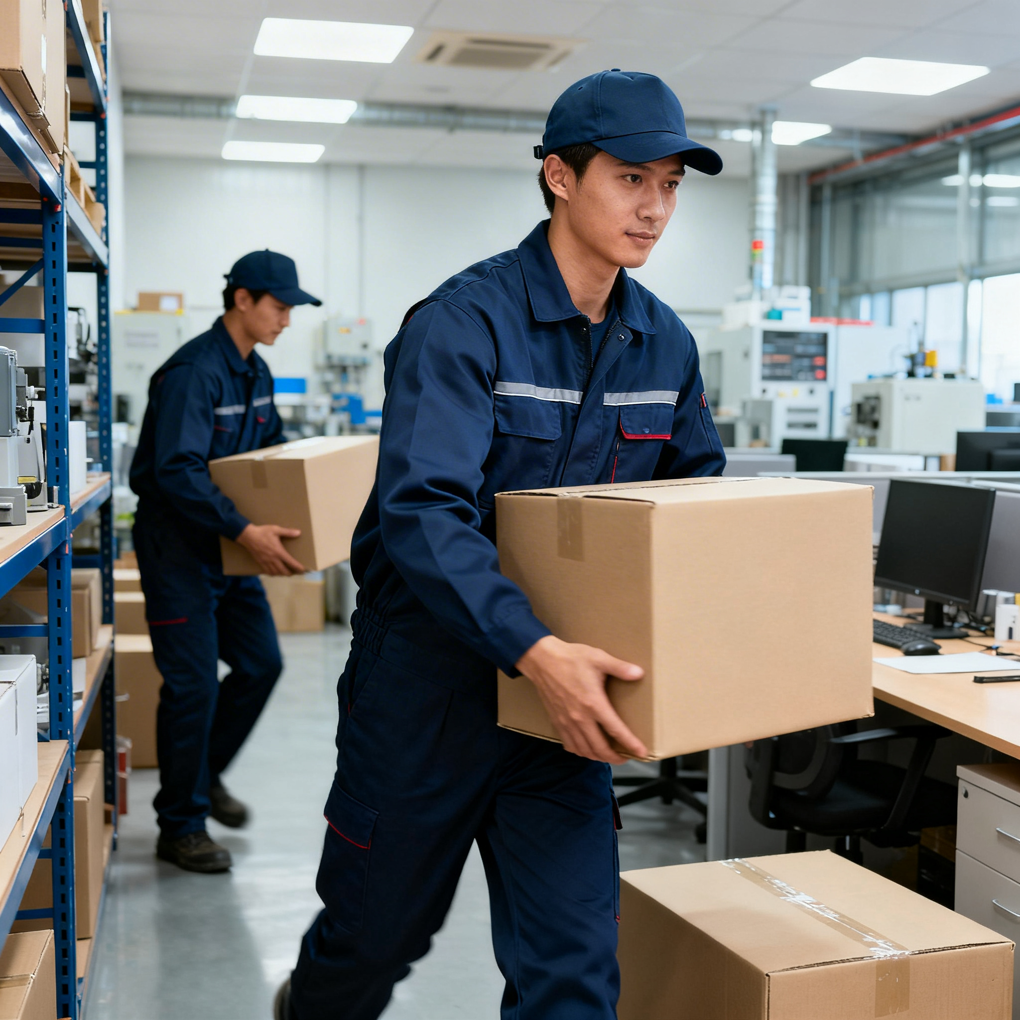 Office moving crew carrying cartons through a commercial workspace