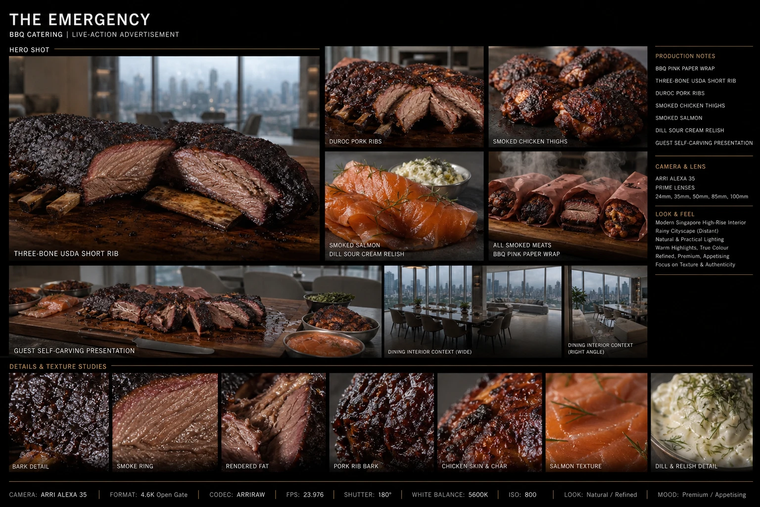 Reference mood board featuring smoked meats, plated salmon, and premium production notes for The Emergency concept.