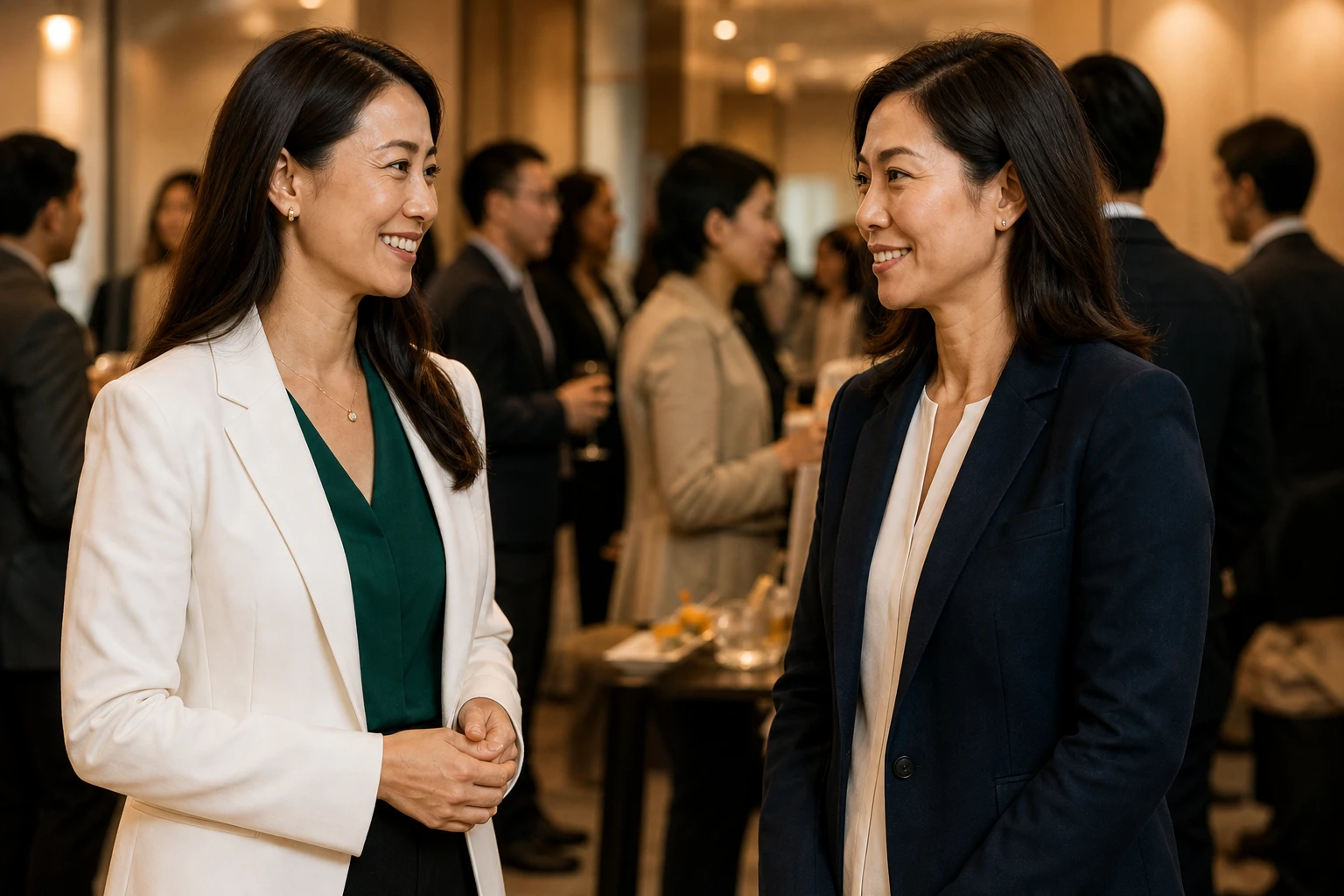 Two professionals enjoying a welcoming conversation at a networking event