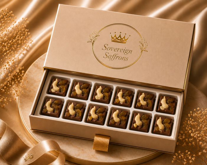 Artisan chocolate squares displayed in a luxury chocolate box