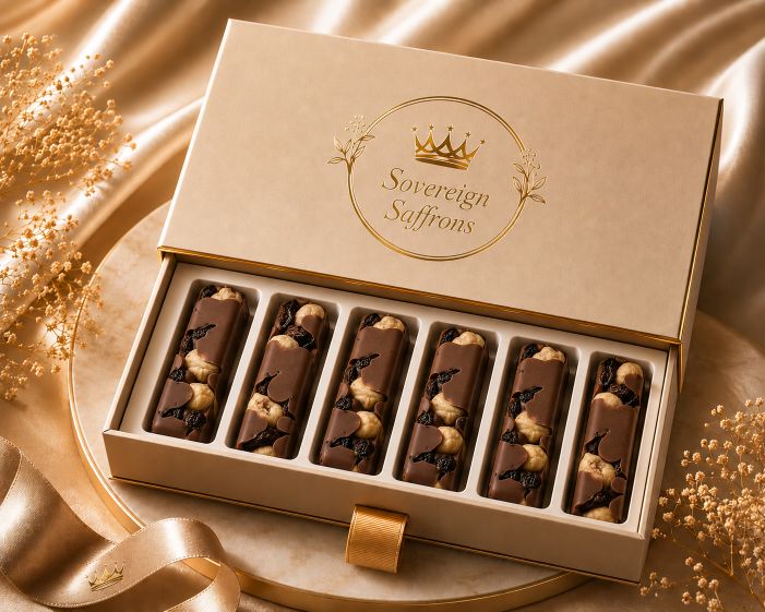 Signature chocolate sticks presented in a Sovereign Saffrons gift box