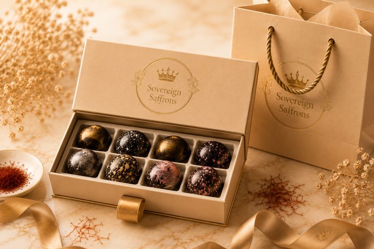 Seasonal limited edition chocolates in a luxury box with matching gift bag