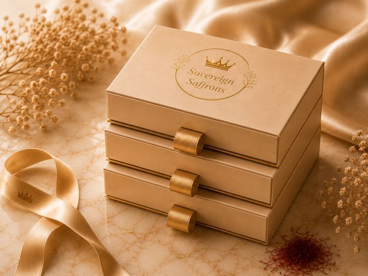 Stacked Sovereign Saffrons gift boxes arranged on a marble surface with ribbon