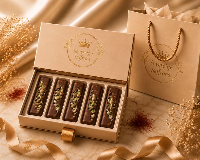 Open Sovereign Saffrons chocolate box with a luxury gift bag on a warm marble surface