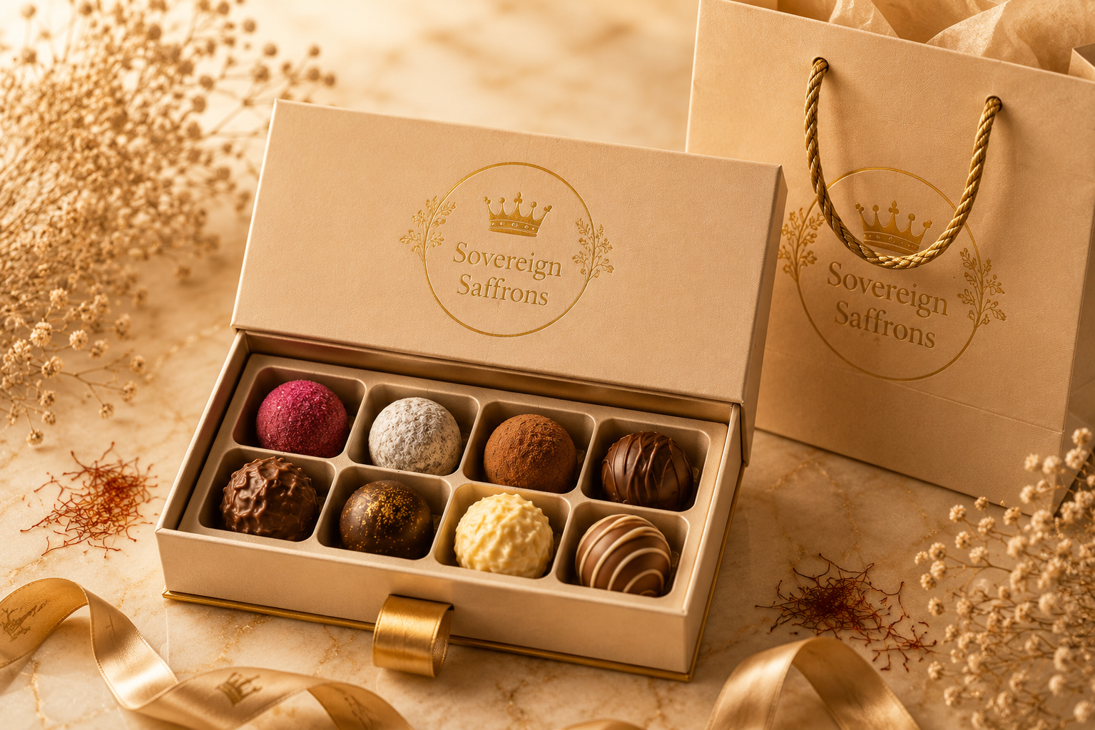 Assorted luxury chocolate collection with assorted truffles in gift packaging