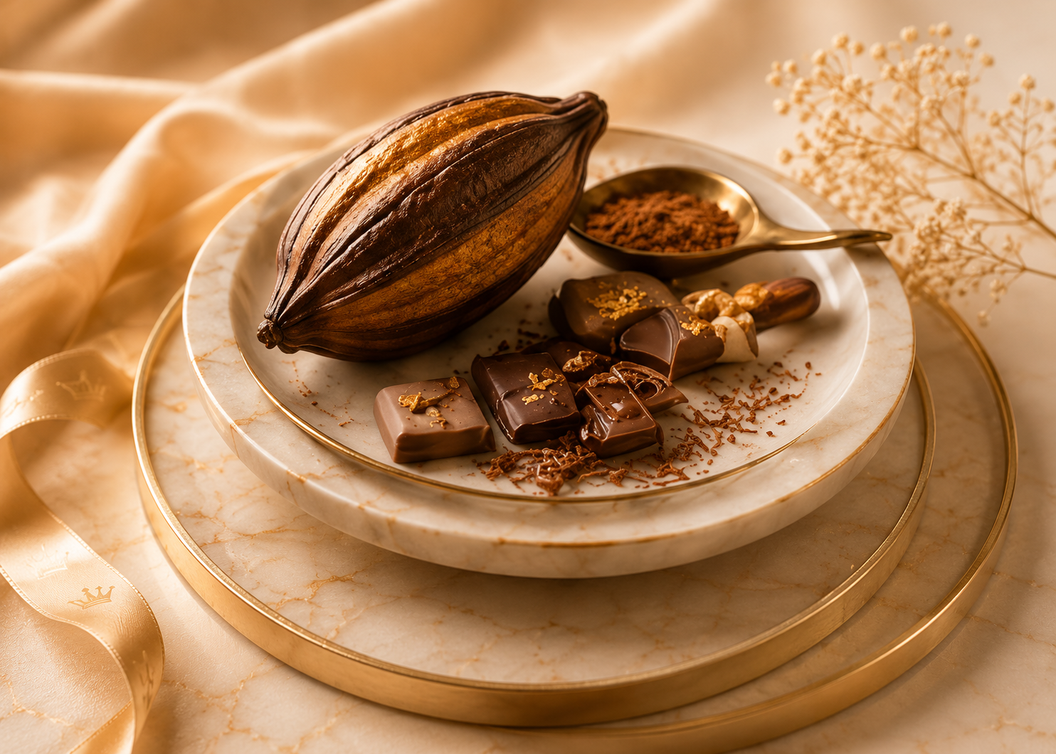 Luxury chocolate pieces styled with cocoa pod and cocoa powder on marble