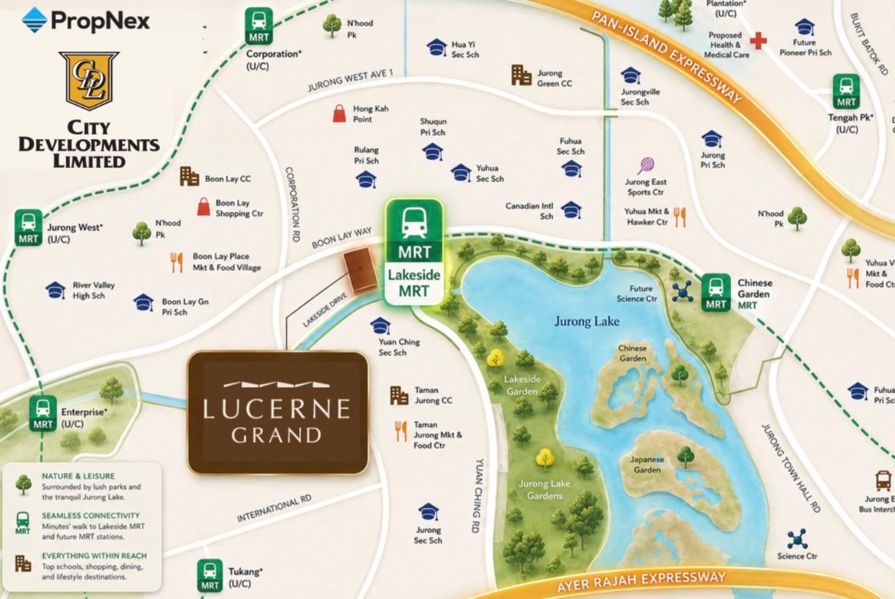Lucerne Grand location advantage map with Lakeside MRT and Jurong Lake context