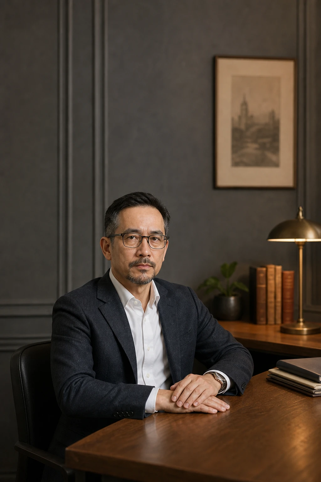 Portrait of an advisor seated at a desk in a calm office setting.