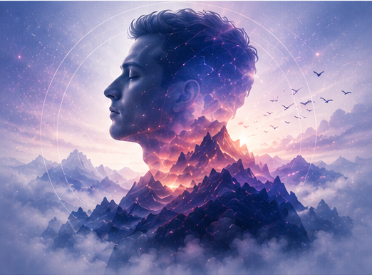 A serene profile silhouette blended with mountains, clouds, and spiritual light