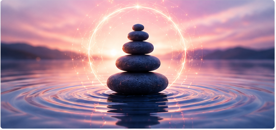 Stacked stones in calm water with a glowing energy halo and ripples