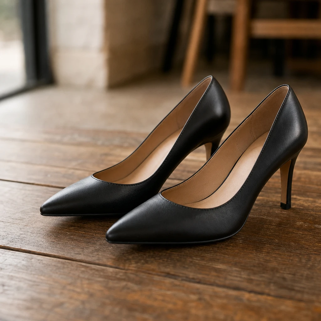 A pair of black heels on a wooden café table.