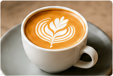 Latte with leaf art in a white cup